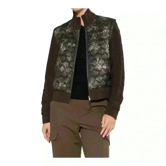 Curent air black floral long sleeve  woven combo jacket in brown. - Picture 1 of 7